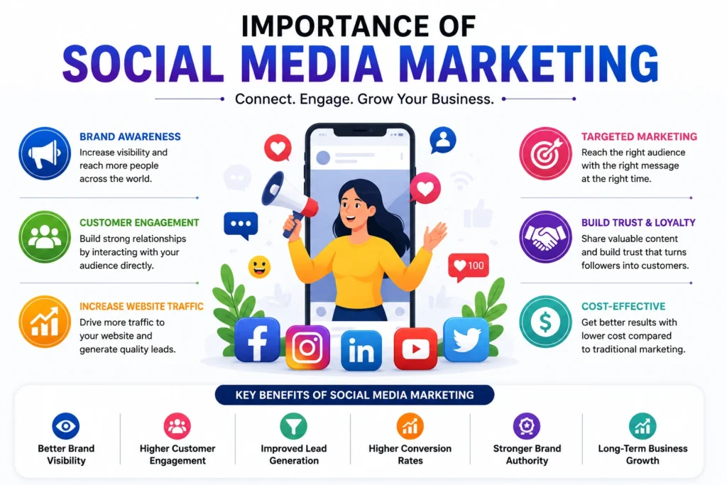 Importance of Social Media Marketing illustration showing social media platforms, audience engagement, content marketing, online branding, digital advertising, customer communication, business growth strategies, and social media campaign management for improving online visibility and customer reach.