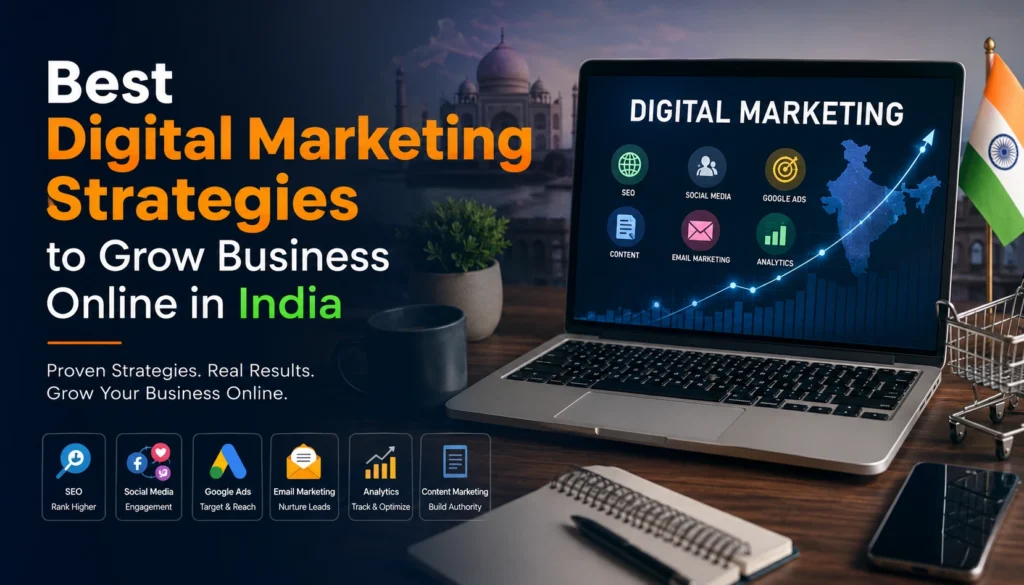 Professional digital marketing banner illustrating how to grow a business online in India using SEO, social media marketing, Google Ads, analytics, and lead generation strategies.