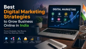 Professional digital marketing banner illustrating how to grow a business online in India using SEO, social media marketing, Google Ads, analytics, and lead generation strategies.