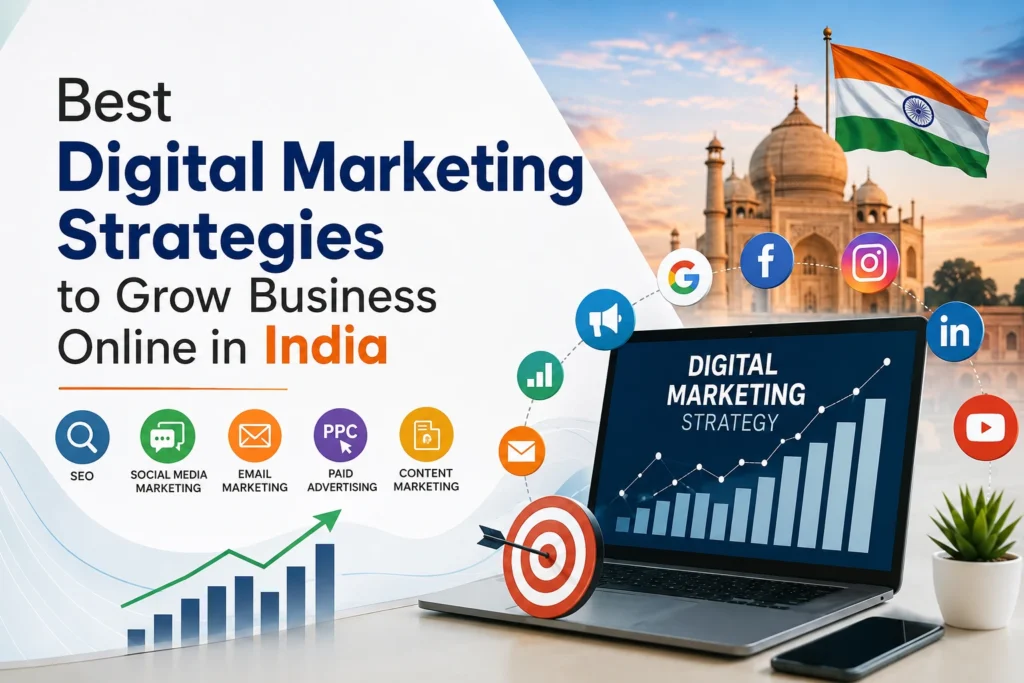 Professional digital marketing banner illustrating how to grow a business online in India using SEO, social media marketing, Google Ads, analytics, and lead generation strategies.