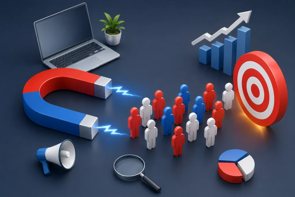 Lead Generation Strategy for Business infographic showing SEO, social media marketing, email marketing, content marketing, paid advertising, customer engagement, sales funnel optimization, and business growth strategies for generating high-quality leads online.