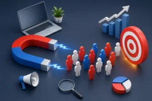 Lead Generation Strategy for Business infographic showing SEO, social media marketing, email marketing, content marketing, paid advertising, customer engagement, sales funnel optimization, and business growth strategies for generating high-quality leads online.