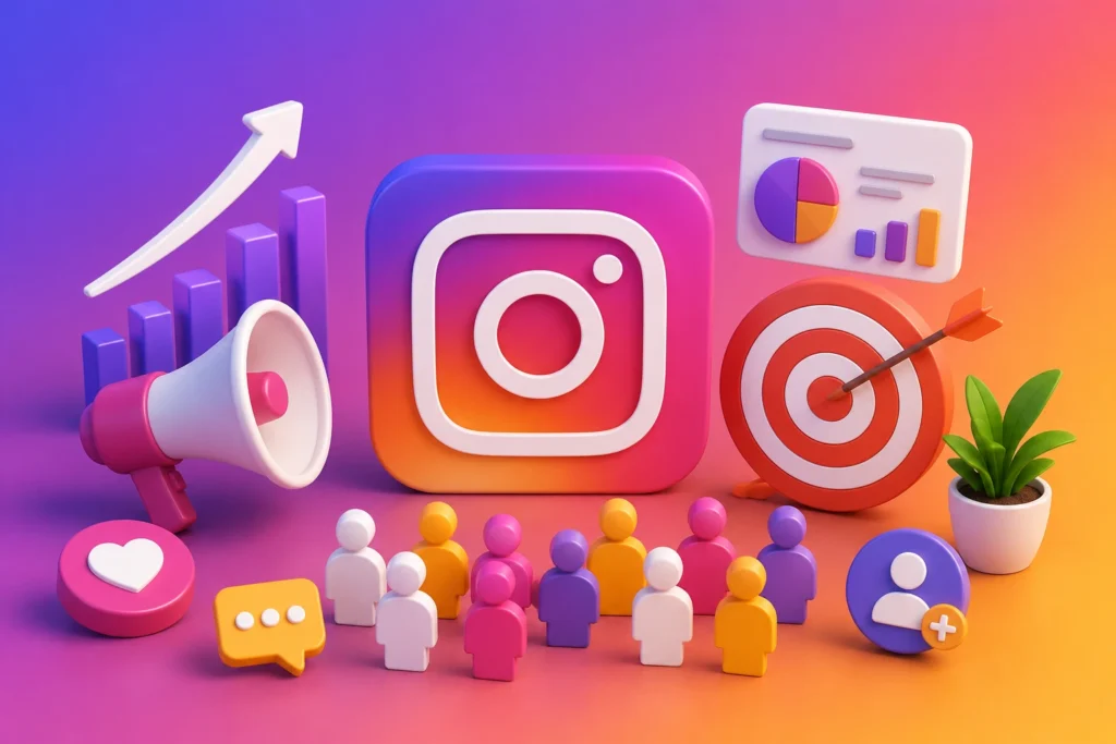 Professional Instagram marketing concept featuring social media engagement icons, analytics charts, target audience growth, and business lead generation elements in a modern office environment.