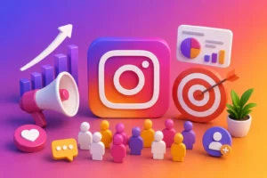 Professional Instagram marketing concept featuring social media engagement icons, analytics charts, target audience growth, and business lead generation elements in a modern office environment.