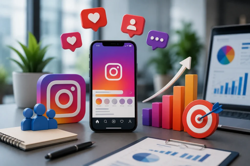 Professional Instagram marketing concept featuring social media engagement icons, analytics charts, target audience growth, and business lead generation elements in a modern office environment.