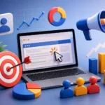 Professional digital marketing illustration showing PPC Marketing Services India, including business growth, audience targeting, analytics charts, lead generation, and online advertising performance in India.
