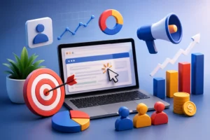 Professional digital marketing illustration showing PPC Marketing Services India, including business growth, audience targeting, analytics charts, lead generation, and online advertising performance in India.