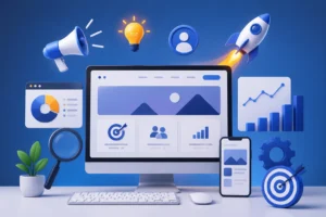 Professional digital marketing agency website design showing SEO optimization, mobile responsiveness, website analytics, lead generation, branding, and online business growth strategies with modern web interface elements.
