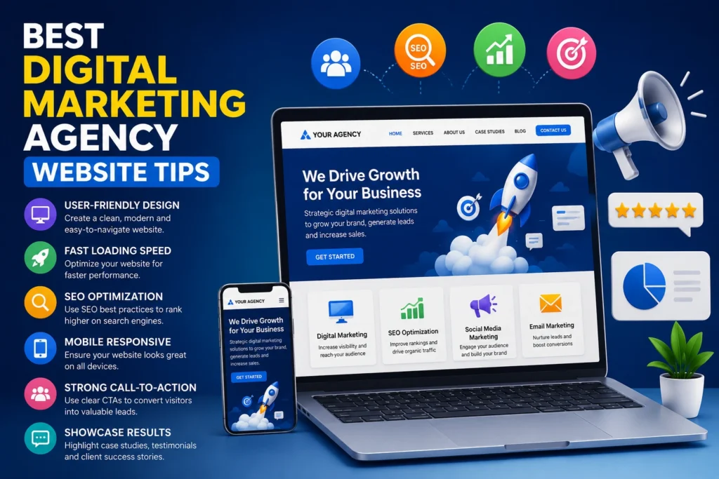 Professional digital marketing agency website design showing SEO optimization, mobile responsiveness, website analytics, lead generation, branding, and online business growth strategies with modern web interface elements.