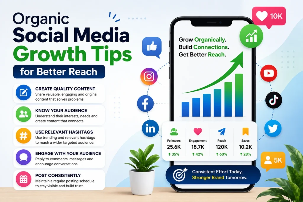 Image Alt Text:
Organic Social Media Growth illustration showing social media marketing, audience engagement, content strategy, online branding, and business growth through Instagram, Facebook, LinkedIn, and digital marketing platforms.
