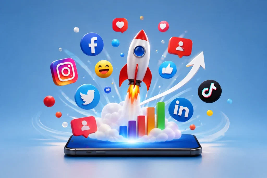 Image Alt Text: Organic Social Media Growth illustration showing social media marketing, audience engagement, content strategy, online branding, and business growth through Instagram, Facebook, LinkedIn, and digital marketing platforms.