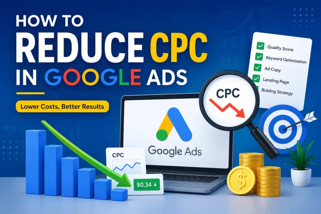 How to Reduce CPC in Google Ads illustration showing Google Ads optimization, lower advertising costs, keyword research, PPC campaign management, analytics dashboard, conversion tracking, and digital marketing performance strategies.