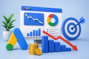 How to Reduce CPC in Google Ads illustration showing Google Ads optimization, lower advertising costs, keyword research, PPC campaign management, analytics dashboard, conversion tracking, and digital marketing performance strategies.