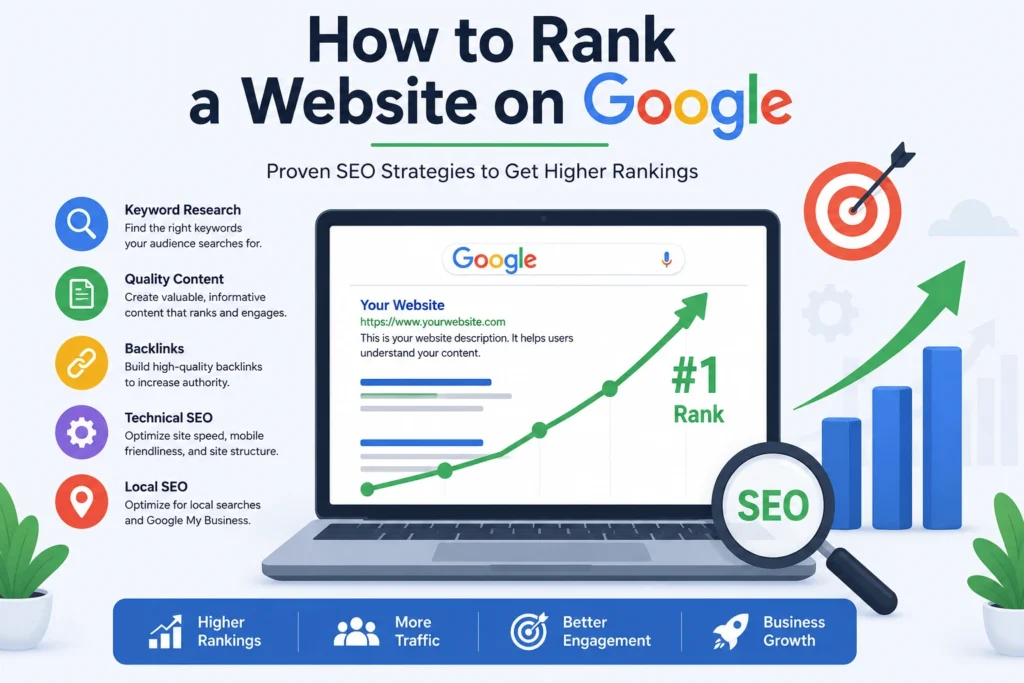 How to Rank a Website on Google infographic showing SEO optimization, keyword research, backlink building, technical SEO, Google ranking strategies, organic traffic growth, and website performance improvement for better search engine visibility.