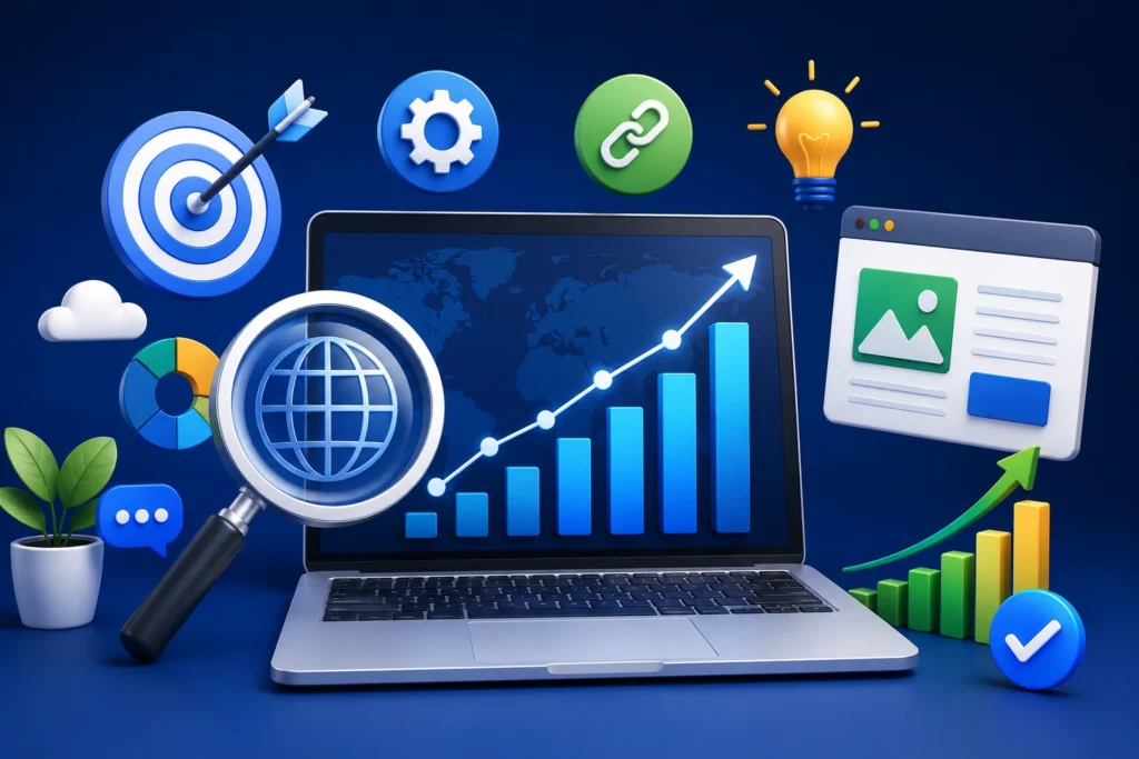 Best SEO Strategies for 2026 illustration showing AI-powered SEO optimization, website ranking growth, keyword research, technical SEO, backlink building, content marketing, mobile SEO, and advanced digital marketing strategies for higher Google rankings.
