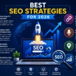 Best SEO Strategies for 2026 illustration showing AI-powered SEO optimization, website ranking growth, keyword research, technical SEO, backlink building, content marketing, mobile SEO, and advanced digital marketing strategies for higher Google rankings.
