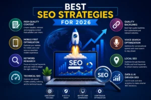 Best SEO Strategies for 2026 illustration showing AI-powered SEO optimization, website ranking growth, keyword research, technical SEO, backlink building, content marketing, mobile SEO, and advanced digital marketing strategies for higher Google rankings.