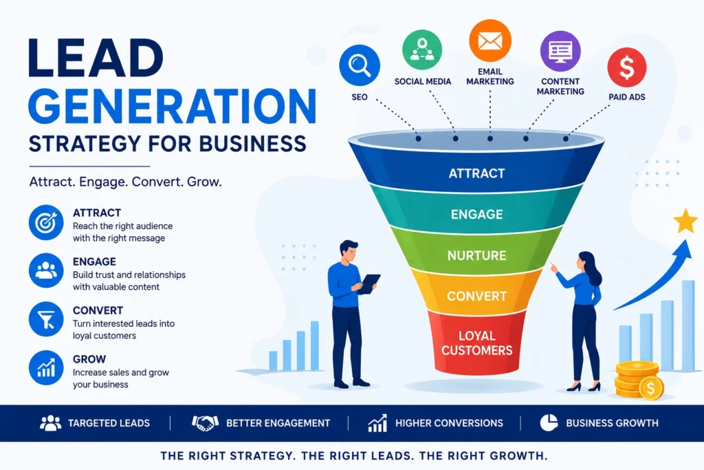 Lead Generation Strategy for Business infographic showing SEO, social media marketing, email marketing, content marketing, paid advertising, customer engagement, sales funnel optimisation, and business growth strategies for generating high-quality leads online.