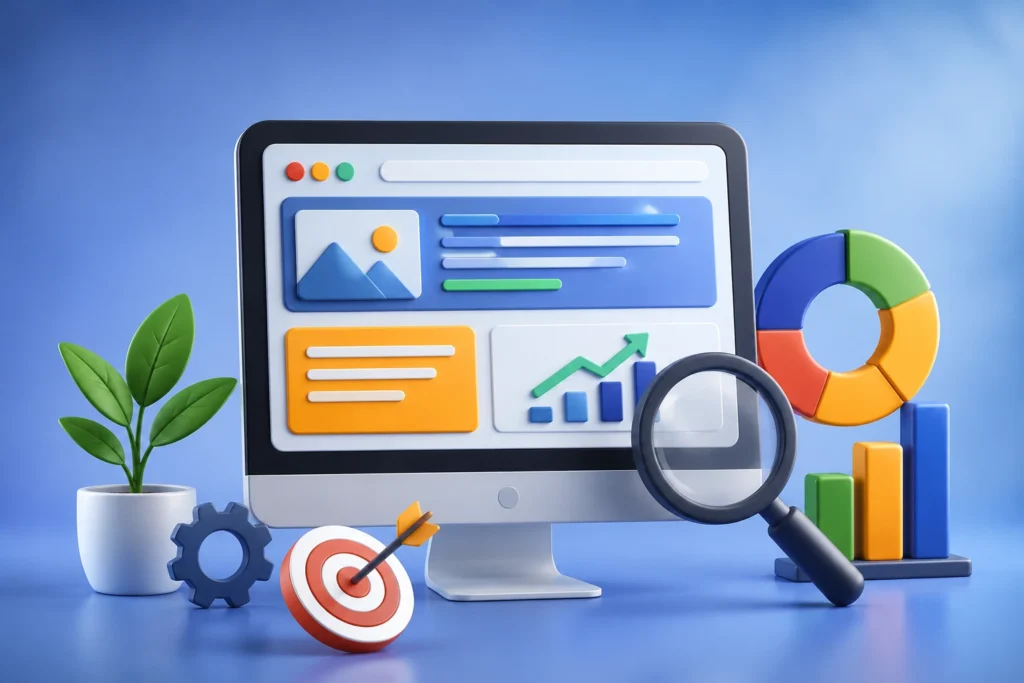 Best On Page SEO Techniques in 2026 illustration showing SEO optimization dashboard, keyword research, website analytics, search engine ranking growth, content optimization, mobile SEO, page speed improvement, and digital marketing performance strategies.