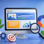 Best On Page SEO Techniques in 2026 illustration showing SEO optimization dashboard, keyword research, website analytics, search engine ranking growth, content optimization, mobile SEO, page speed improvement, and digital marketing performance strategies.