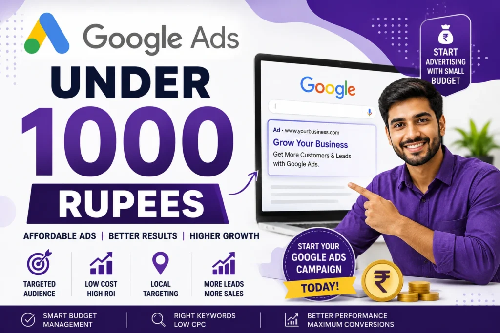 Google Ads under 1000 Rupees illustration showing affordable digital advertising, online marketing strategy, Google Ads campaign optimization, website traffic growth, PPC marketing dashboard, business lead generation, and budget-friendly digital marketing solutions.