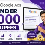 Google Ads under 1000 Rupees illustration showing affordable digital advertising, online marketing strategy, Google Ads campaign optimization, website traffic growth, PPC marketing dashboard, business lead generation, and budget-friendly digital marketing solutions.