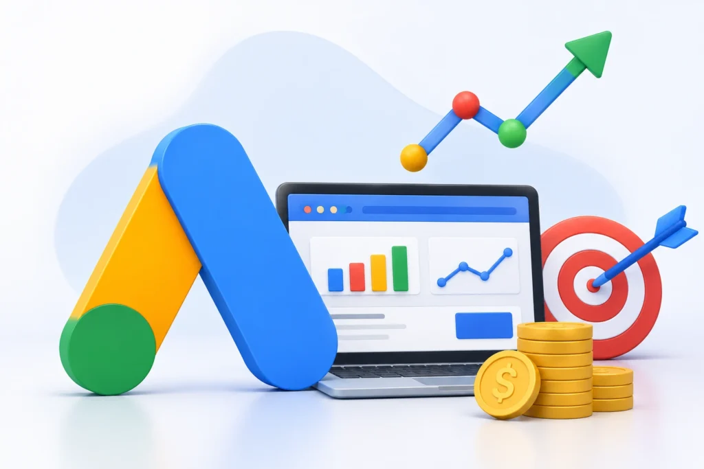 Google Ads under 1000 Rupees illustration showing affordable digital advertising, online marketing strategy, Google Ads campaign optimization, website traffic growth, PPC marketing dashboard, business lead generation, and budget-friendly digital marketing solutions.