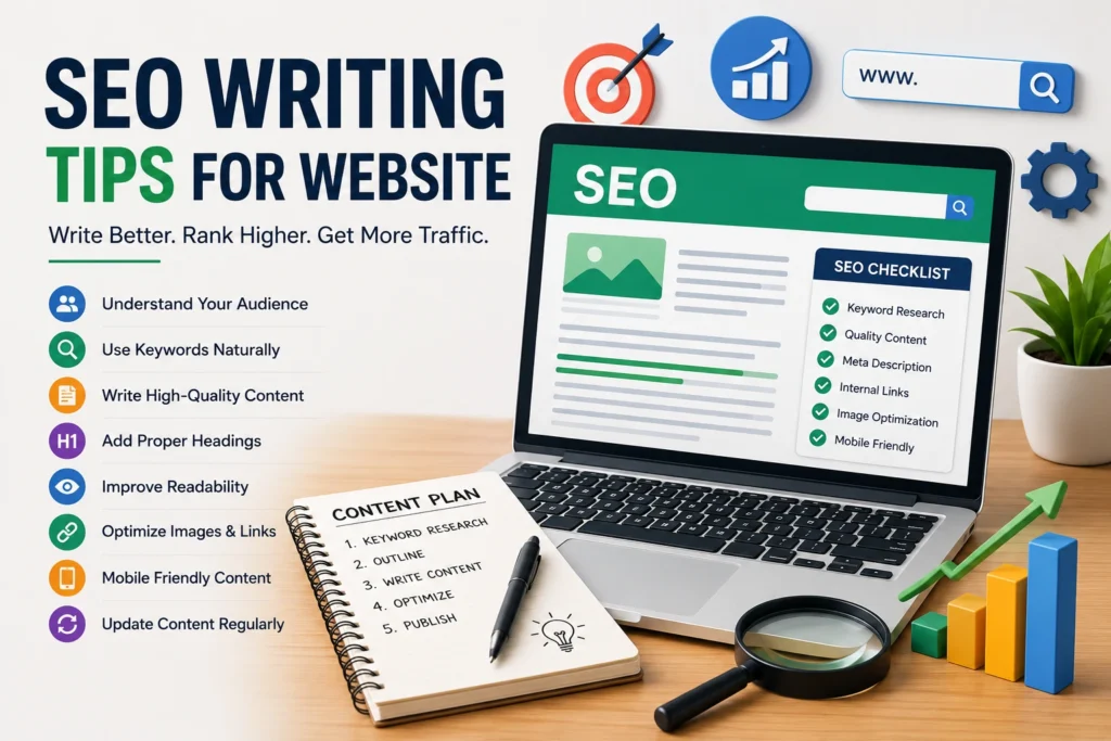 Professional SEO writing tips for website illustration showing modern content writing workspace, keyword research, SEO optimization dashboard, website analytics, content strategy planning, search engine ranking growth, and digital marketing tools for improving online visibility.