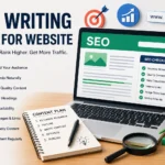 Professional SEO writing tips for website illustration showing modern content writing workspace, keyword research, SEO optimization dashboard, website analytics, content strategy planning, search engine ranking growth, and digital marketing tools for improving online visibility.