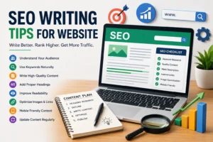 Professional SEO writing tips for website illustration showing modern content writing workspace, keyword research, SEO optimization dashboard, website analytics, content strategy planning, search engine ranking growth, and digital marketing tools for improving online visibility.