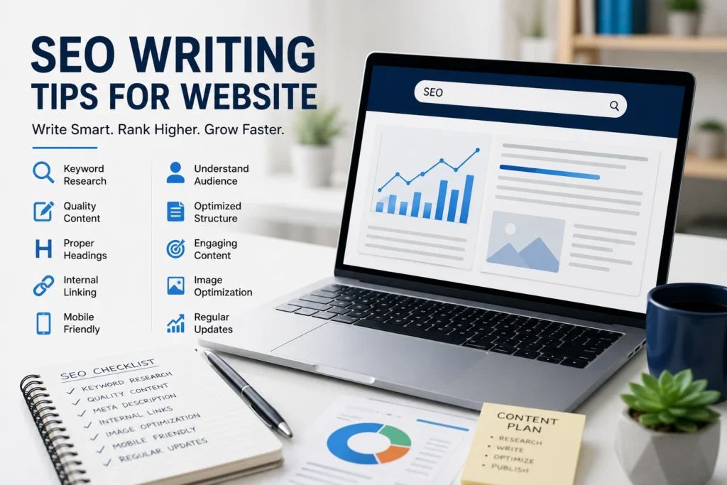 Professional SEO writing tips for website illustration showing modern content writing workspace, keyword research, SEO optimization dashboard, website analytics, content strategy planning, search engine ranking growth, and digital marketing tools for improving online visibility.